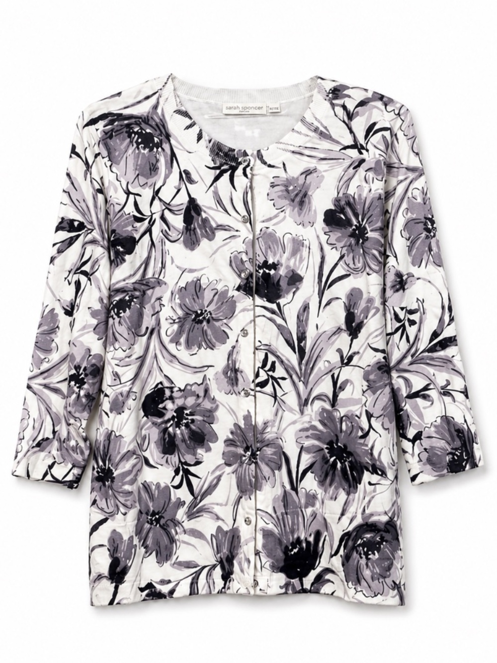 Sarah Spencer Grey & White Floral Cardigan Gemstone ButtonS – Plus Size 2X